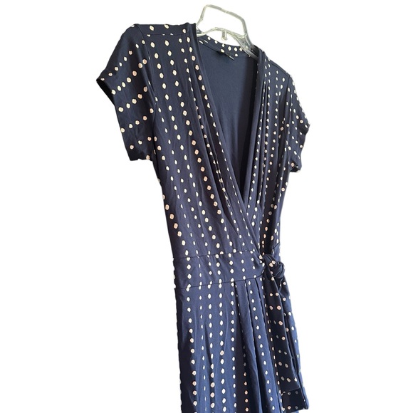Ann Taylor Sz 4 Blue Polka Dot V Neck Wrap Dress Short Sleeve Classic Retro EUC - Picture 4 of 12